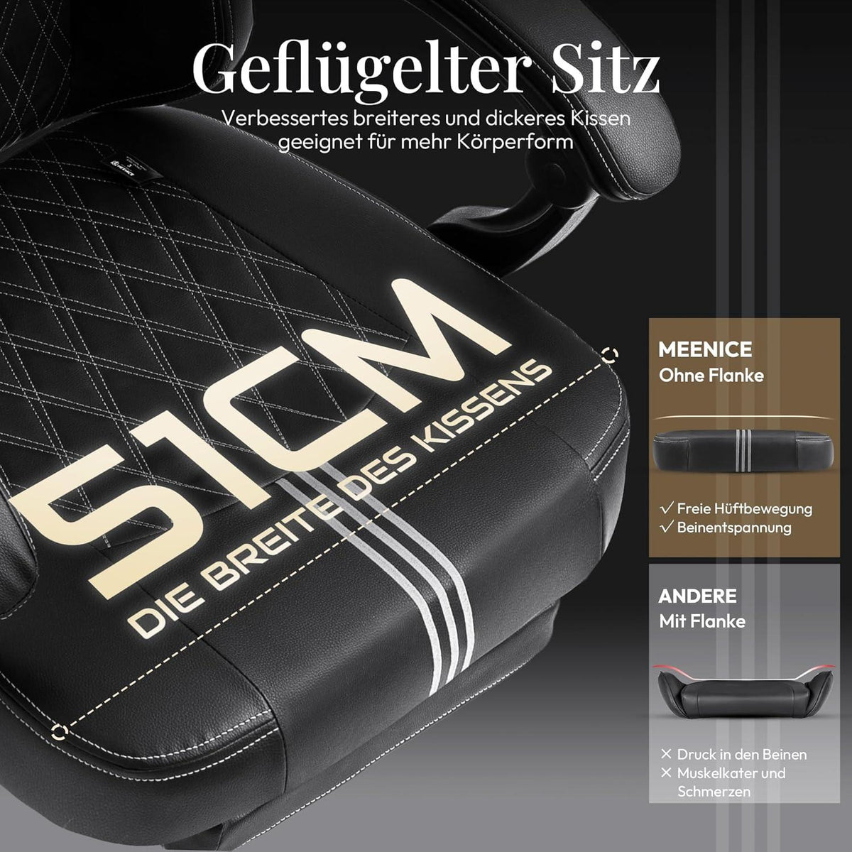 MEENICE Gaming Stuhl mit Kühlung, Massage, Fußstütze, Taschenfederkissen - Schwarz/Weiß Leder