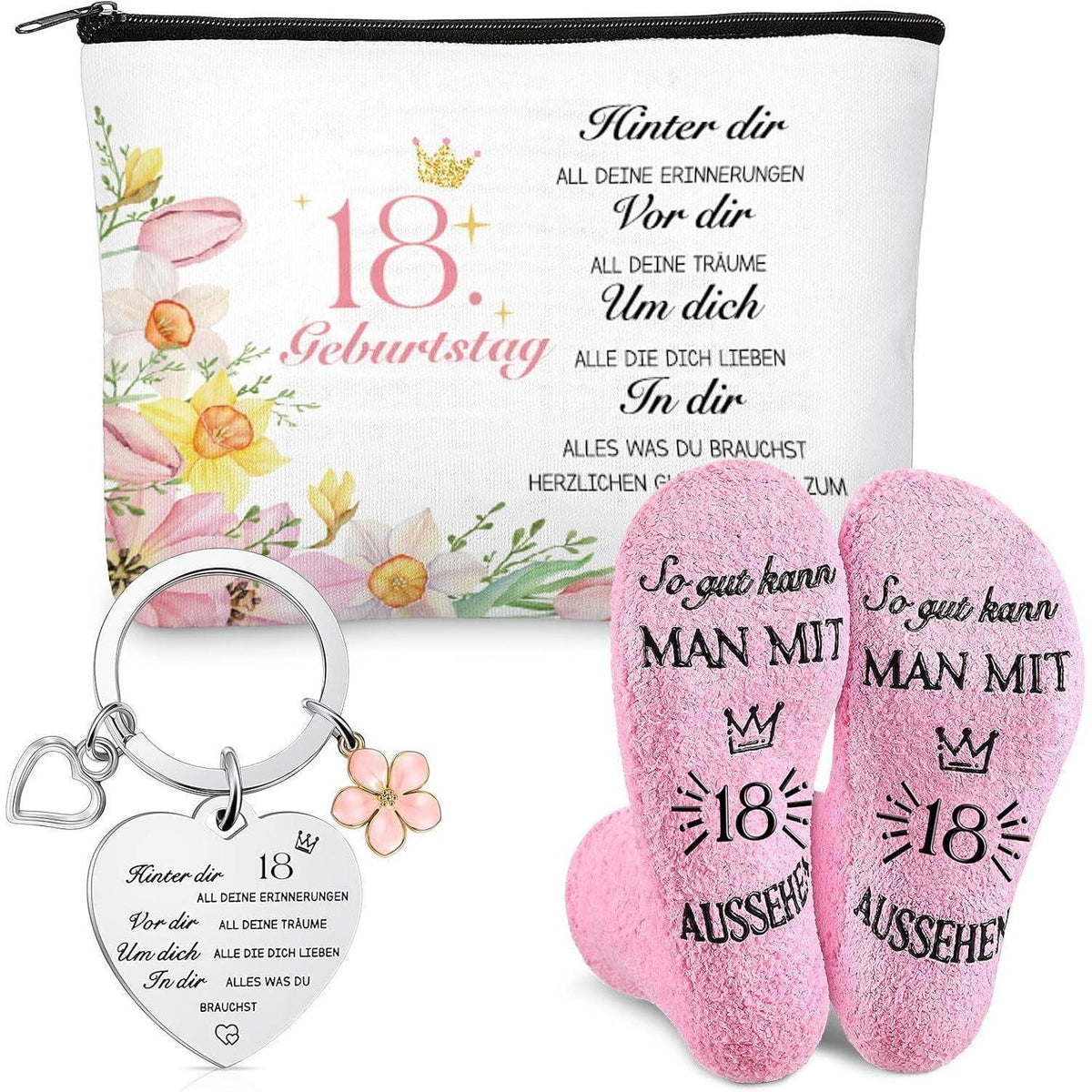 Kosmetiktasche mit Socken & Schlüsselanhänger – 18. Geburtstag Geschenk für Frauen