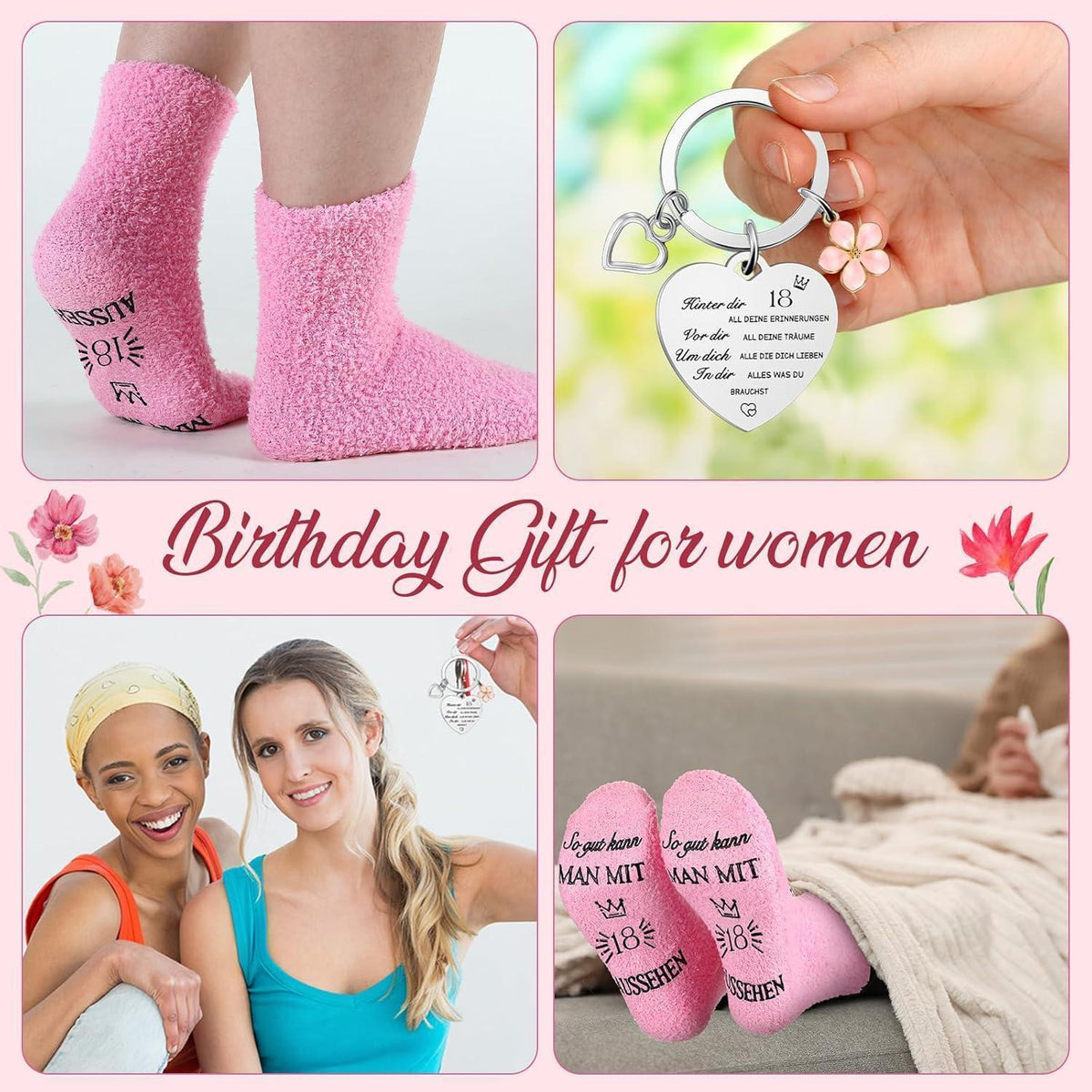 Kosmetiktasche mit Socken & Schlüsselanhänger – 18. Geburtstag Geschenk für Frauen