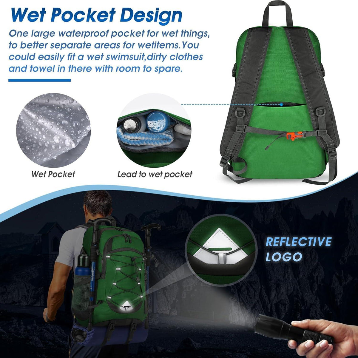 Leichter Faltbarer Wanderrucksack 40L Wasserdicht mit Reflexstreifen