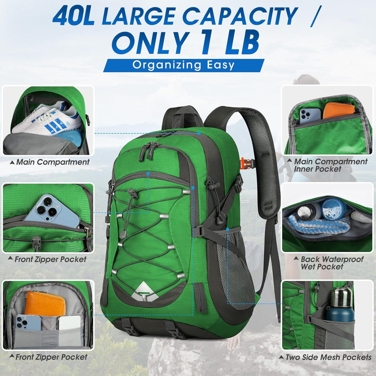 Leichter Faltbarer Wanderrucksack 40L Wasserdicht Trekking Radfahren