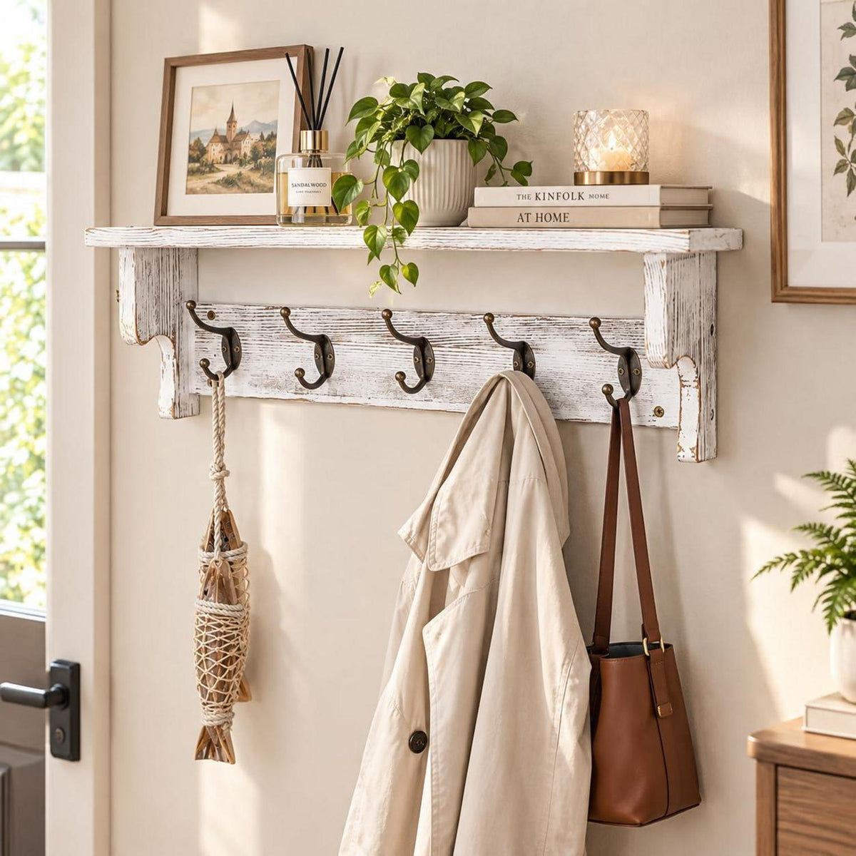 Rustikales Wandregal mit Haken – Garderobe für Flur & Diele