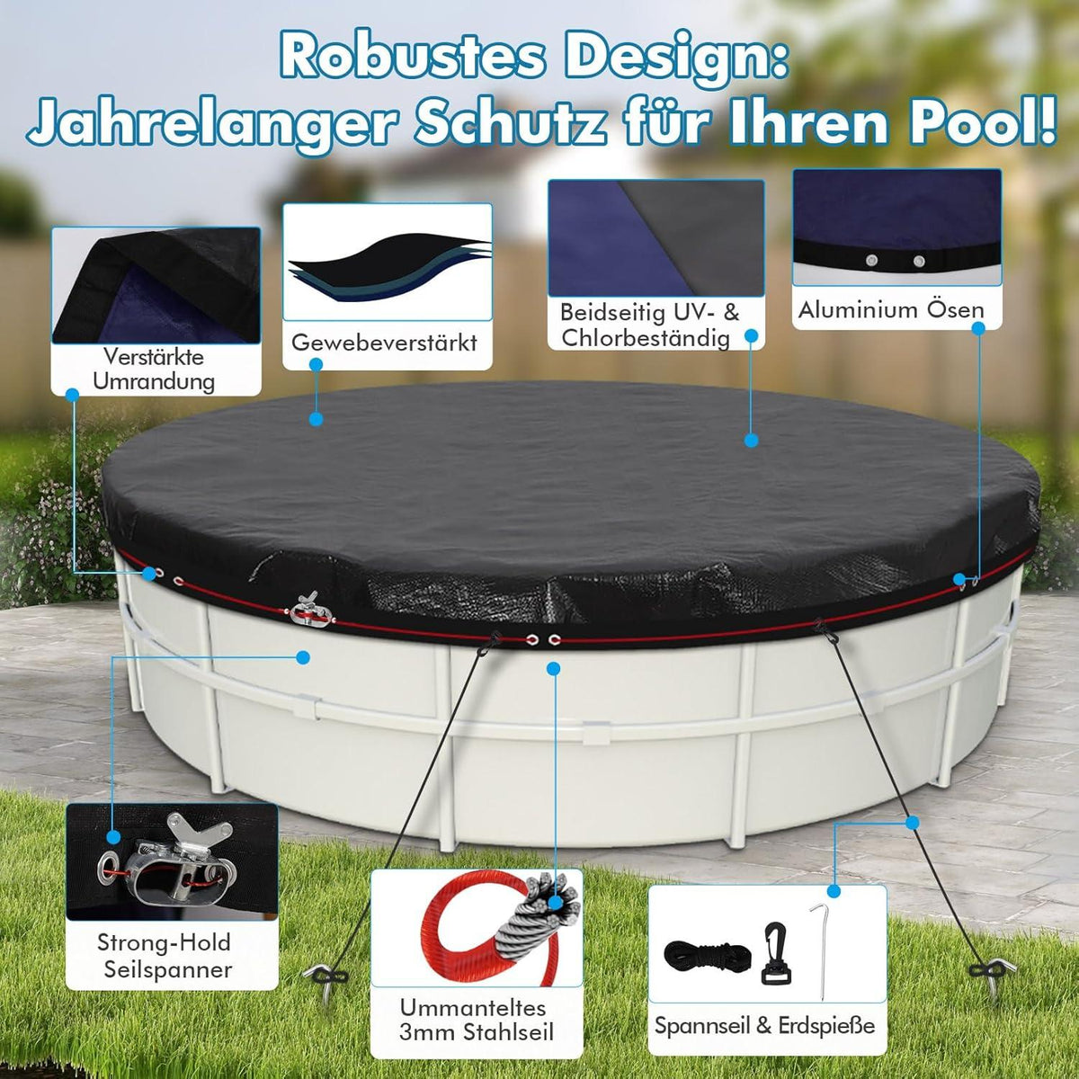 Poolabdeckung rund Ø240cm für Ø150-200cm Pool 2-in-1 Abdeckplane