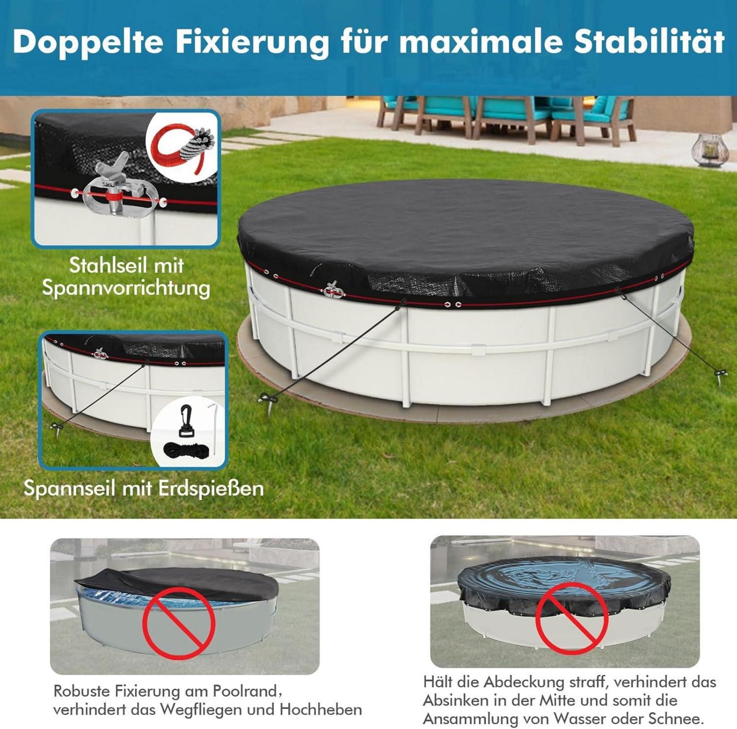 Poolabdeckung rund Ø370cm 2-in-1 Abdeckplane UV-resistent 200g/m²PE