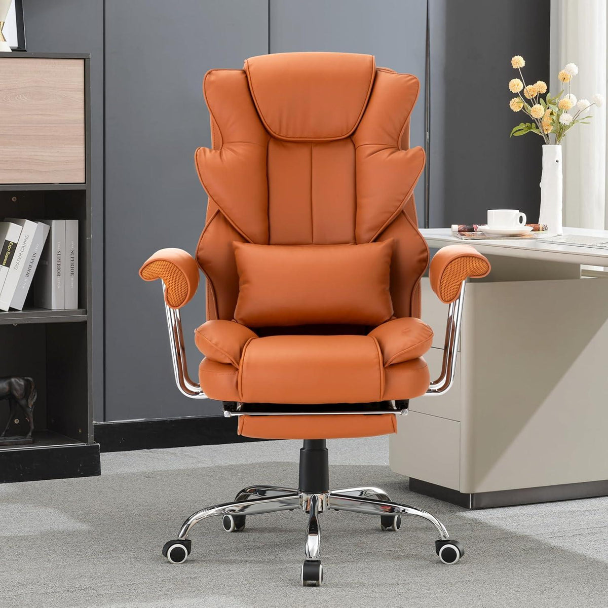 Ergonomischer Bürostuhl 230kg neigbar 135° PU Leder Chefsessel Dicker Polsterung braun