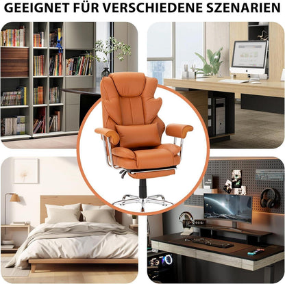 Ergonomischer Bürostuhl 230kg neigbar 135° PU Leder Chefsessel Dicker Polsterung braun