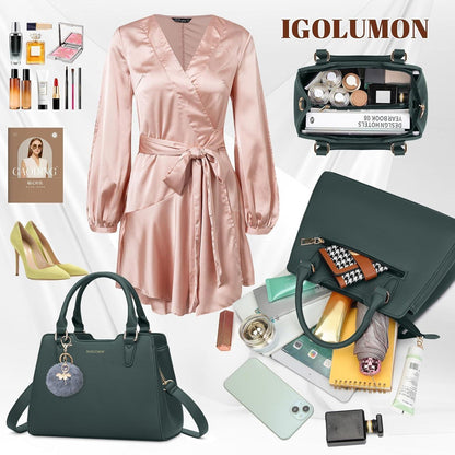 IGOLUMON Damen Handtasche Leder Mittelgroß Schultertasche Schwarz