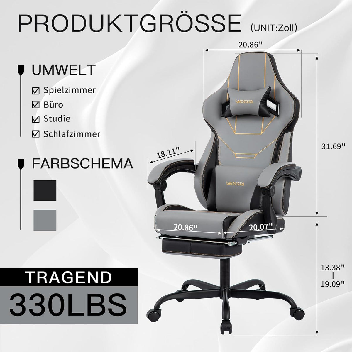 Ergonomischer Gaming Stuhl mit Fußstütze und Massage-Lendenkissen