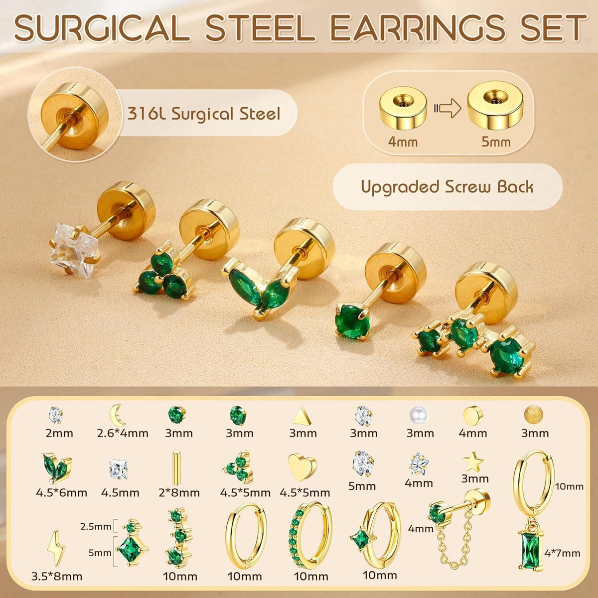 Hypoallergen Chirurgenstahl Zirkonia Ohrringe Set 25 Stück