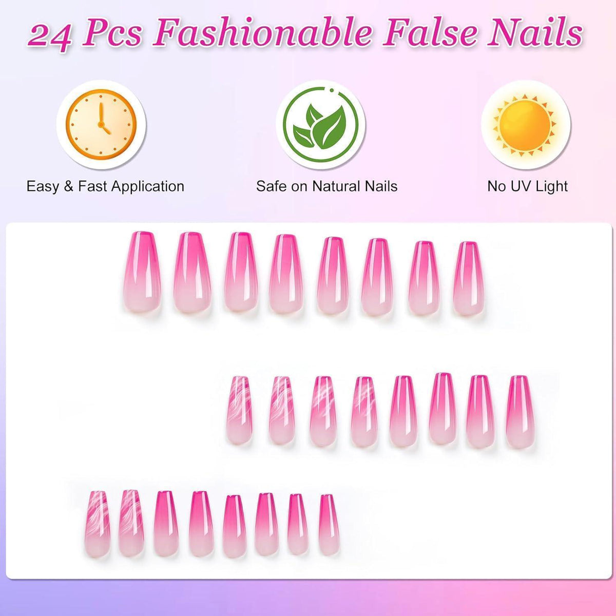 24 Press On Nails Rosa Farbverlauf – Mittellange, Eckige Falsch Nägel