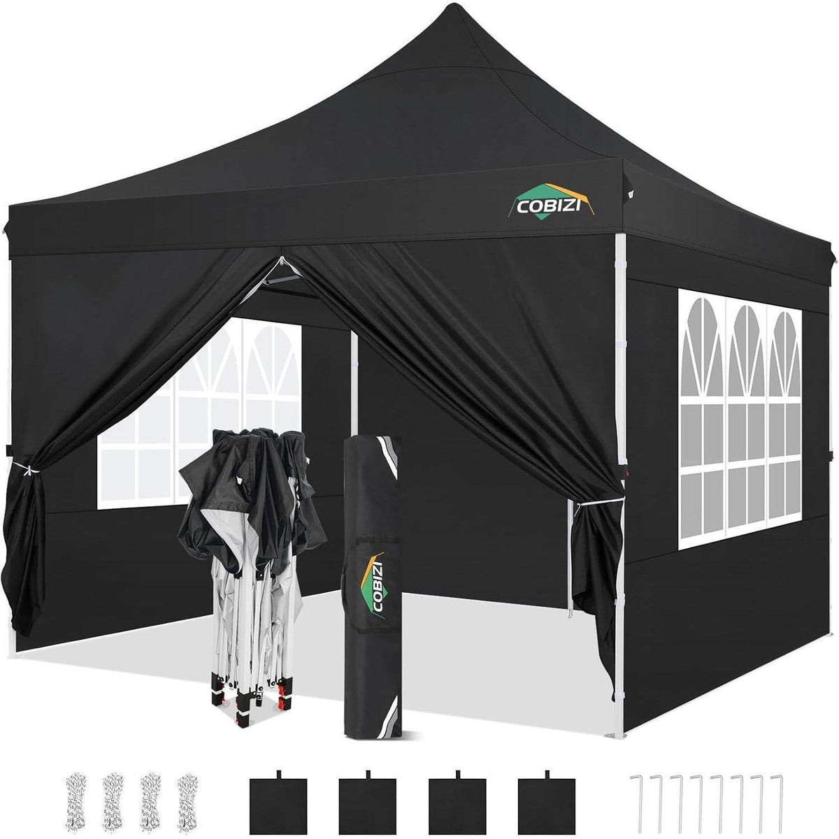 Faltpavillon 3x3m Wasserdicht mit 4 Seitenteilen Schwarz