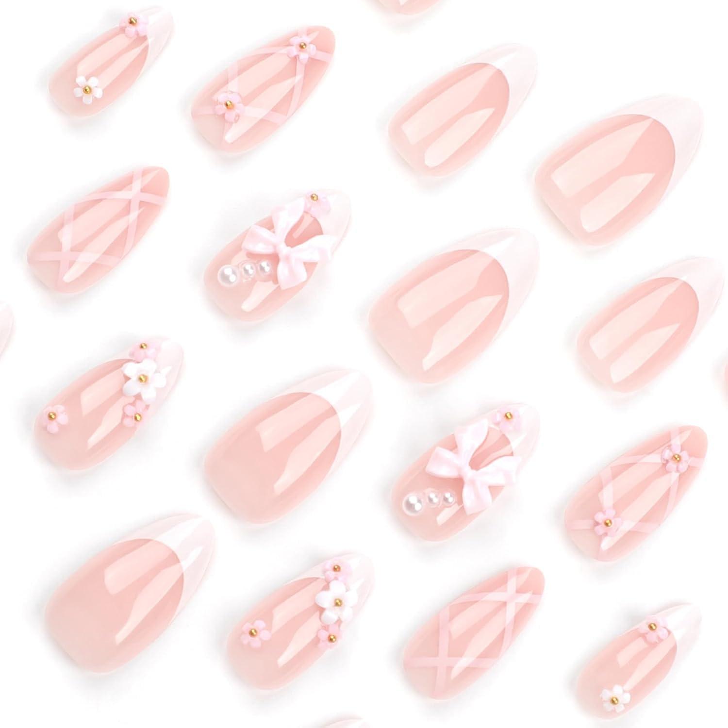 24er Set Medium Almond Fake Nails mit 3D Bow Charms, French Tips