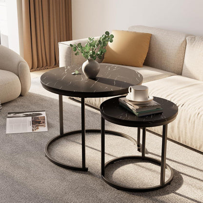 Runder Couchtisch Set Holz Schwarz Marmor 2er Wohnzimmertisch