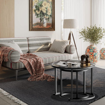 Couchtisch Rund Set Glas Metallgestell Modern Schwarz