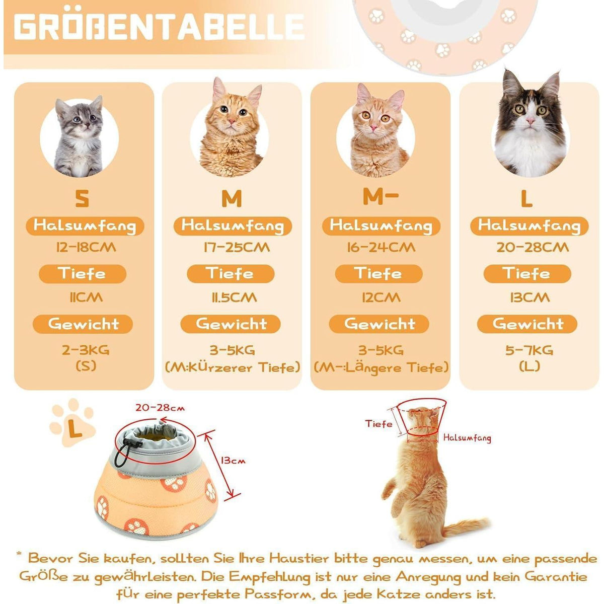 Weiche Katzen-Halskrause nach OP, verstellbar, orange, L
