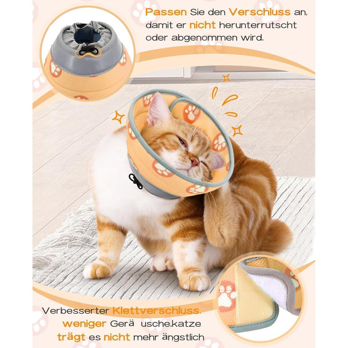 Weiche Katzen-Halskrause nach OP, verstellbar, orange, L