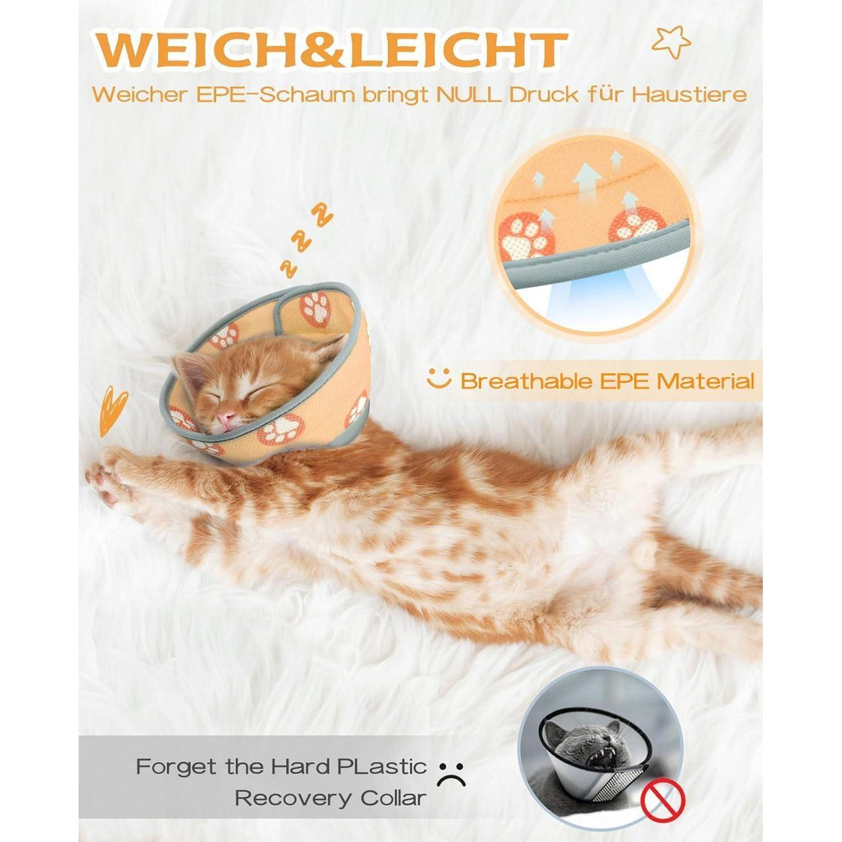 Weiche Katzen-Halskrause nach OP, verstellbar, orange, L