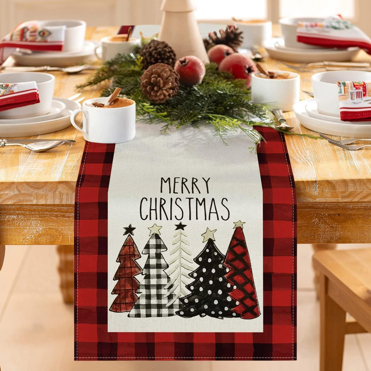 Roter Leinen Tischläufer Weihnachten 180 cm - Moderne Weihnachtsdeko