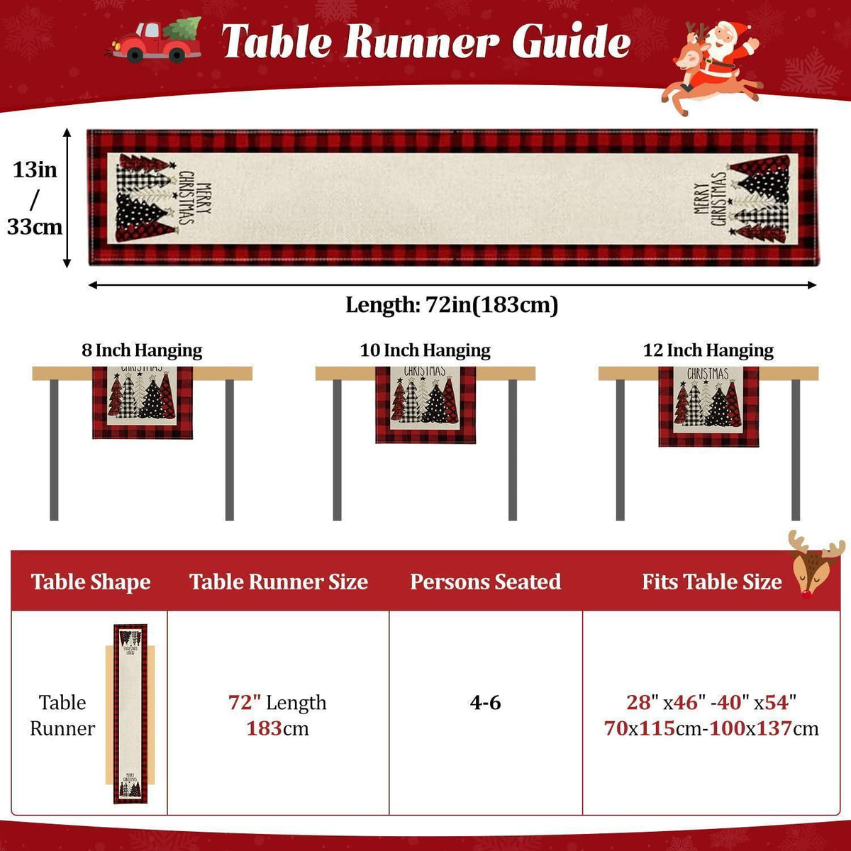 Roter Leinen Tischläufer Weihnachten 180 cm - Moderne Weihnachtsdeko