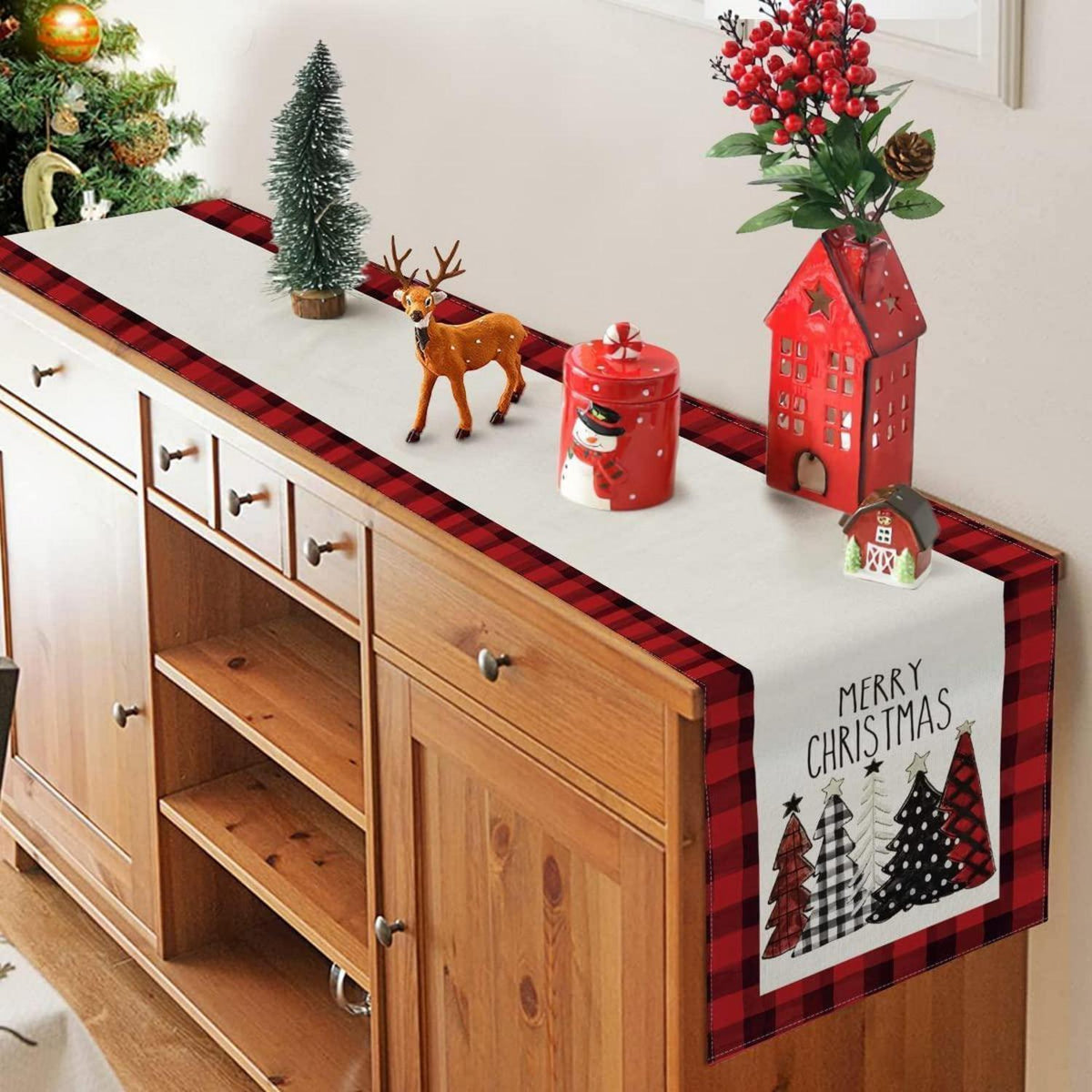 Roter Leinen Tischläufer Weihnachten 180 cm - Moderne Weihnachtsdeko