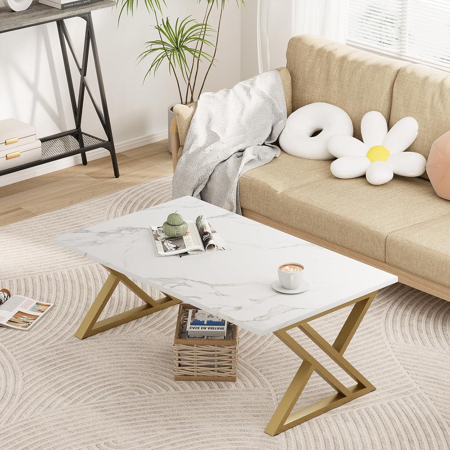 Huhote Couchtisch Holz Marmor Weiß Gold 100x48x55 cm