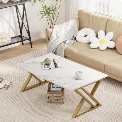 Huhote Couchtisch Holz Marmor Weiß Gold 100x48x55 cm