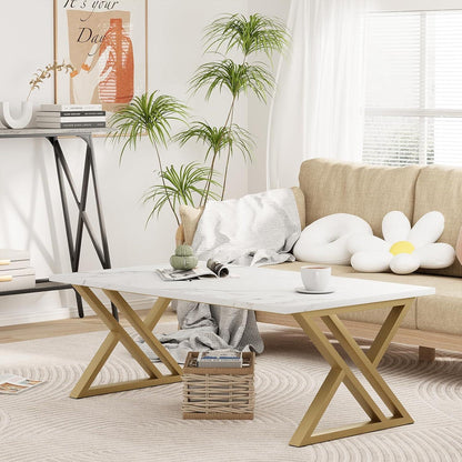 Moderner Couchtisch Holz Marmoroptik Gold Metallgestell 100x48x55 cm