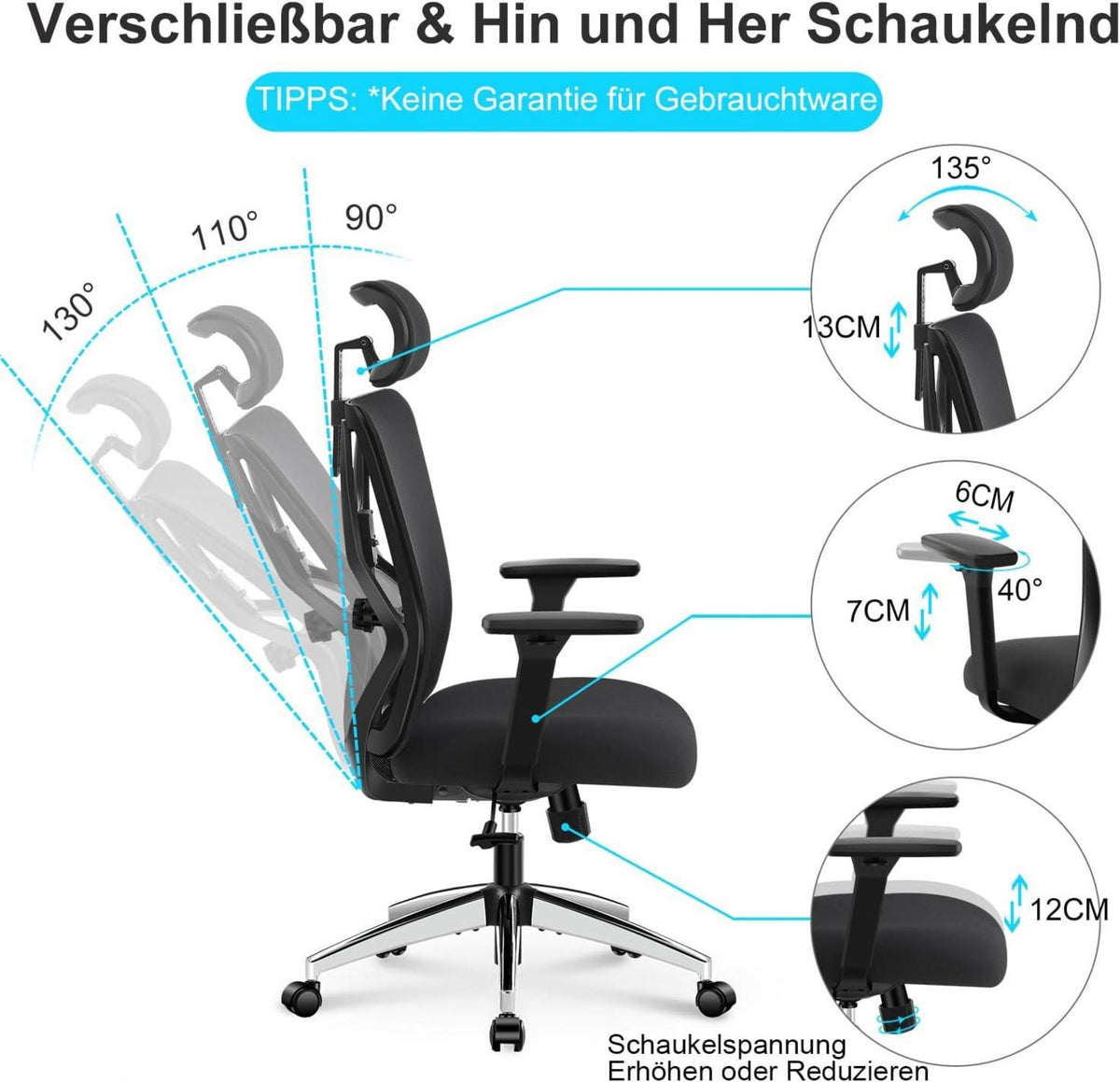 Ticova Bürostuhl Ergonomisch Hoher Rücken mit Verstellbarer