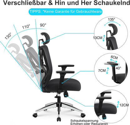 Ticova Bürostuhl Ergonomisch Hoher Rücken mit Verstellbarer