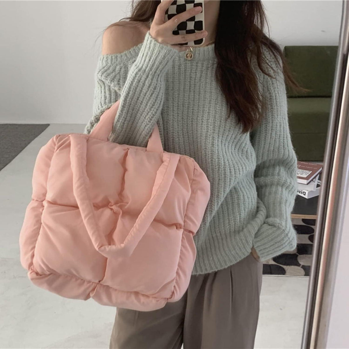 MadGrandeur Puffer Tote Bag Women's Glossy Quilted Down Padded Handbag