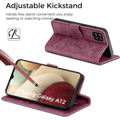 Samsung Galaxy A12/M12 Hülle mit Kartenfach, Ständer, Weinrot in Lederoptik