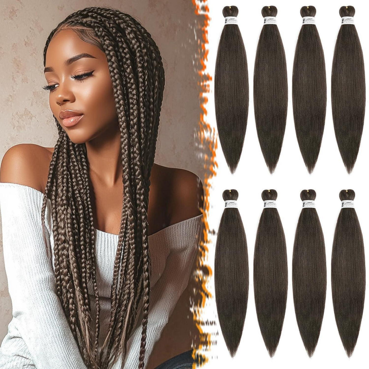 66cm Pre Stretched Braiding Haare - 8er Pack Braun