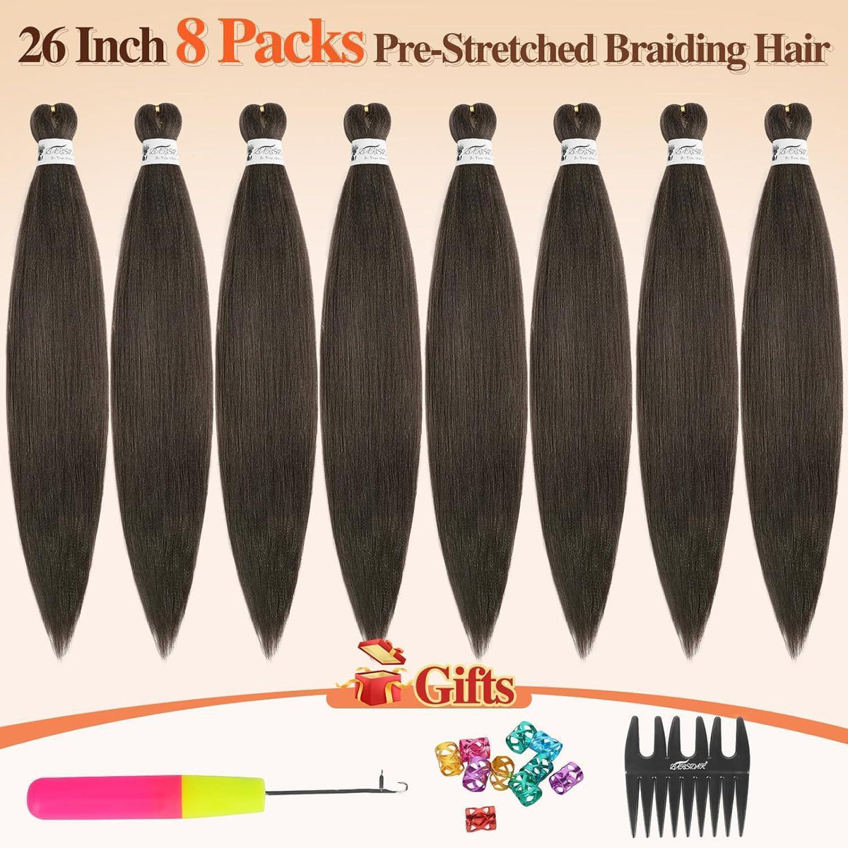 66cm Pre Stretched Braiding Haare - 8er Pack Braun
