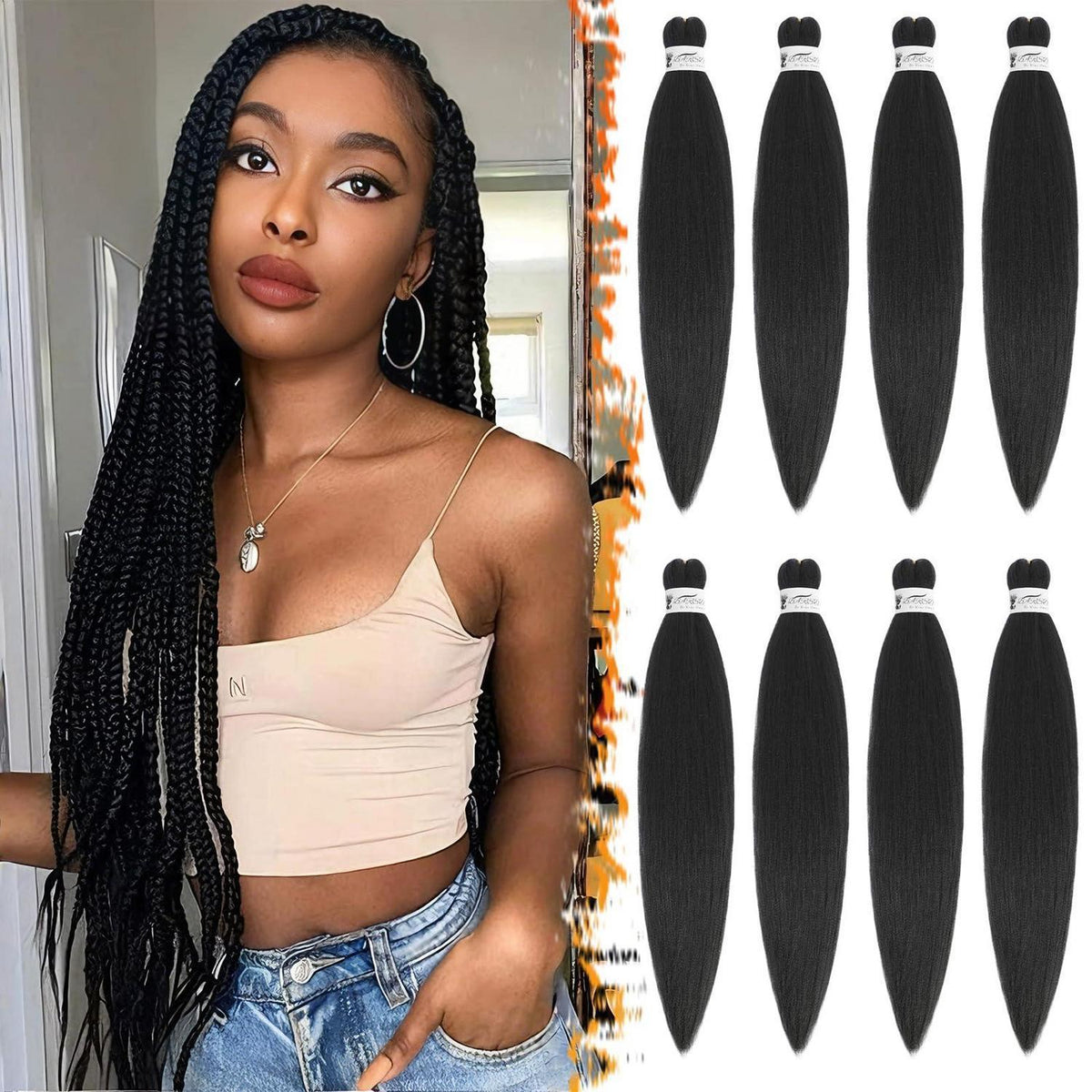 Pre-Stretched Flechthaar 66cm – 8er Pack Schwarz für Braids