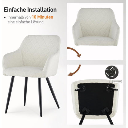 CLIPOP Esszimmerstühle 4er Set Bouclé Nebelweiß mit Armlehne
