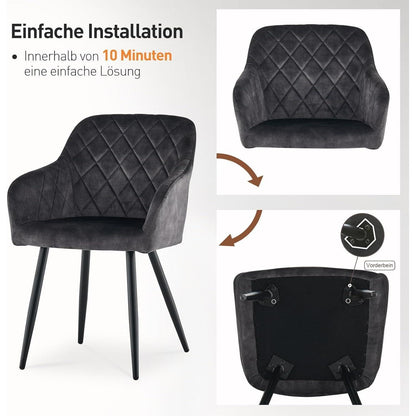 CLIPOP Esszimmerstühle 2er Set Samt Kohlenstoffgrau mit Armlehne