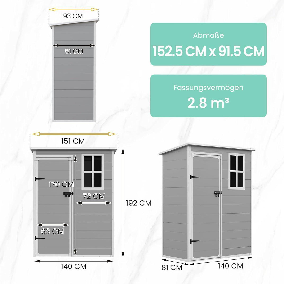 Wetterfestes Gartenhaus 152x92x192 cm – Grau & Weiß