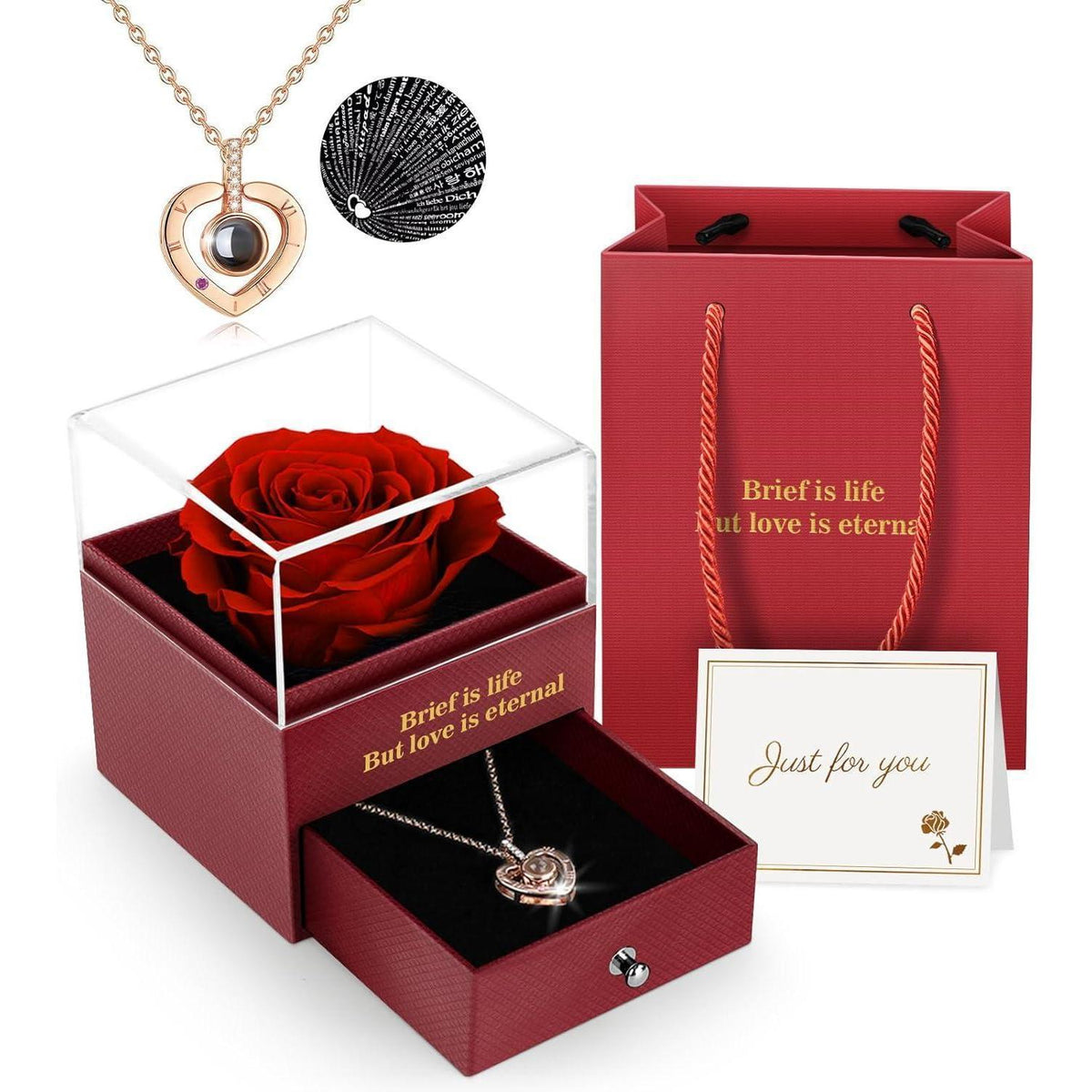 Ewige Rose Geschenkbox mit Kette – 100 Sprachen "I LOVE YOU"