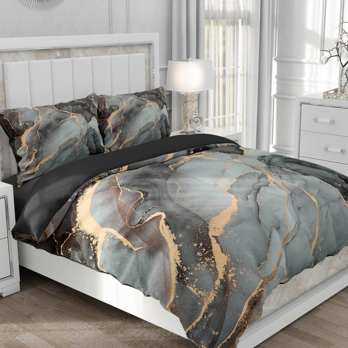 3D Marmor Bettwäsche Set Grau Gold 135x200cm