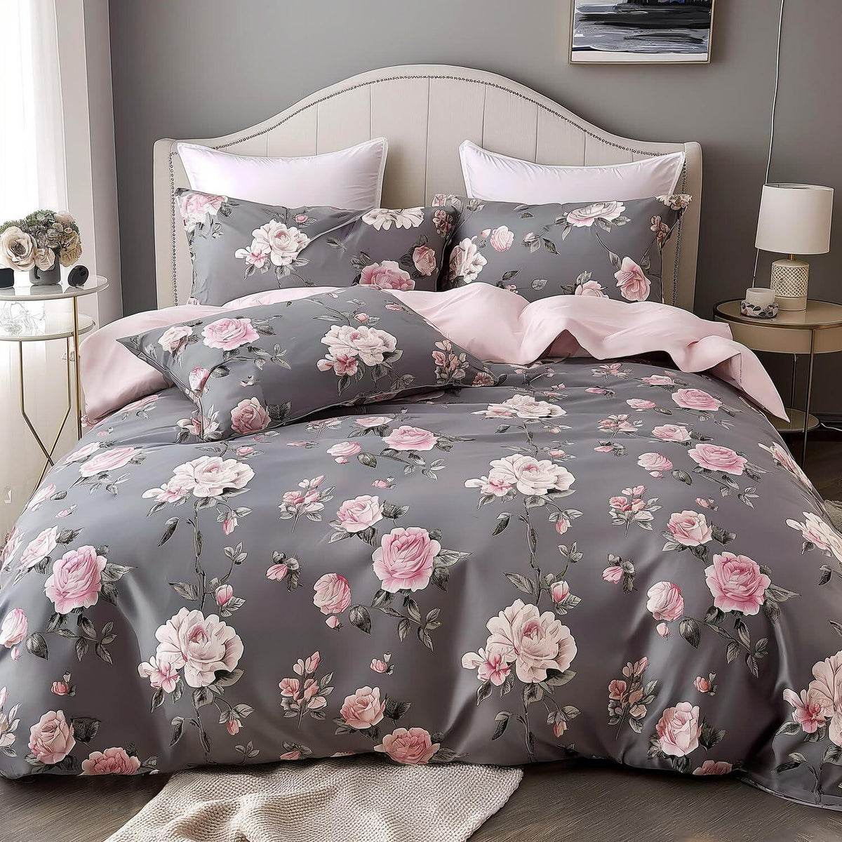 3D Rosen Bettwäsche Set 135x200cm - Floral Grau Rosa Vintage