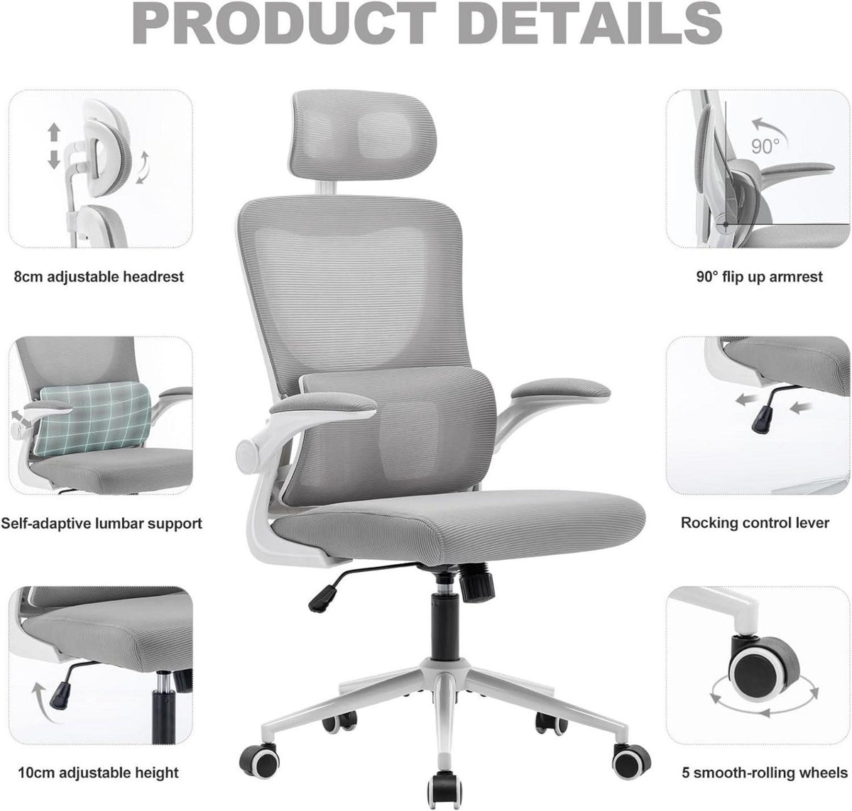 Ergonomischer Bürostuhl mit Kopfstütze und Lordosenstütze - Atmungsaktiv