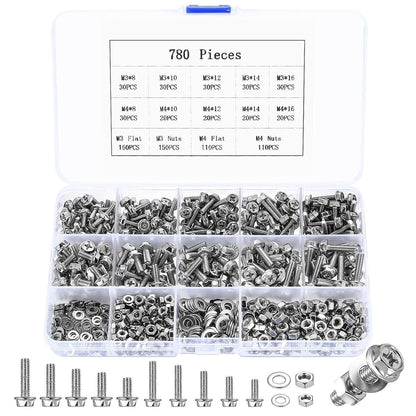 Schrauben & Muttern Set M3 M4, 780 Teile mit Flansch und Kreuzschlitz