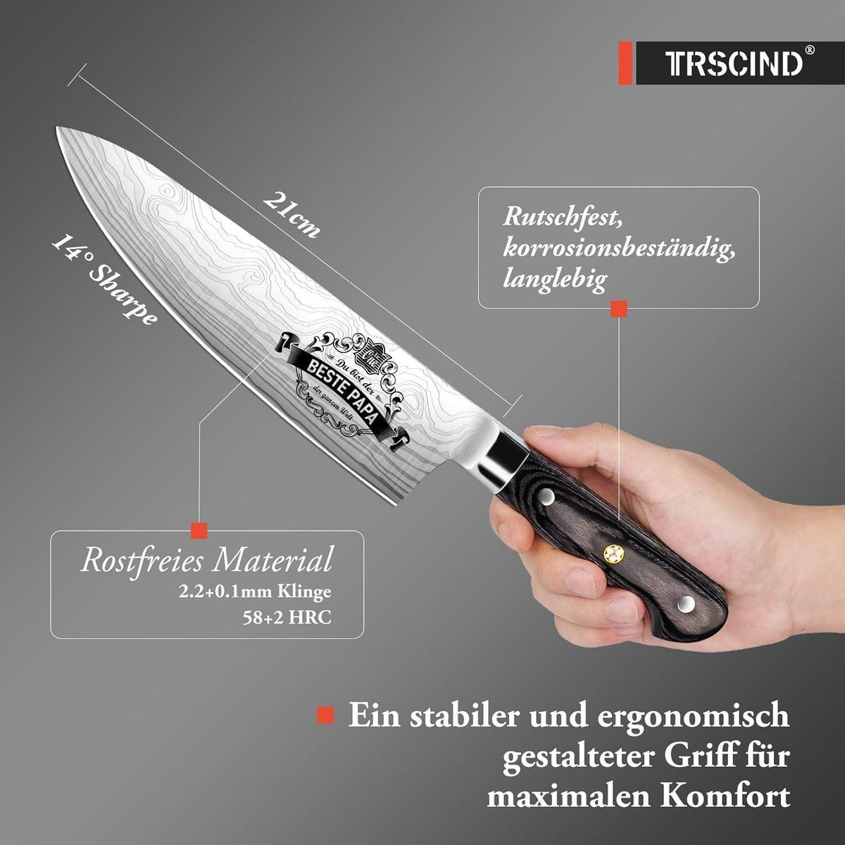 Kochmesser Edelstahl mit Lasermuster, personalisierbar für Papa