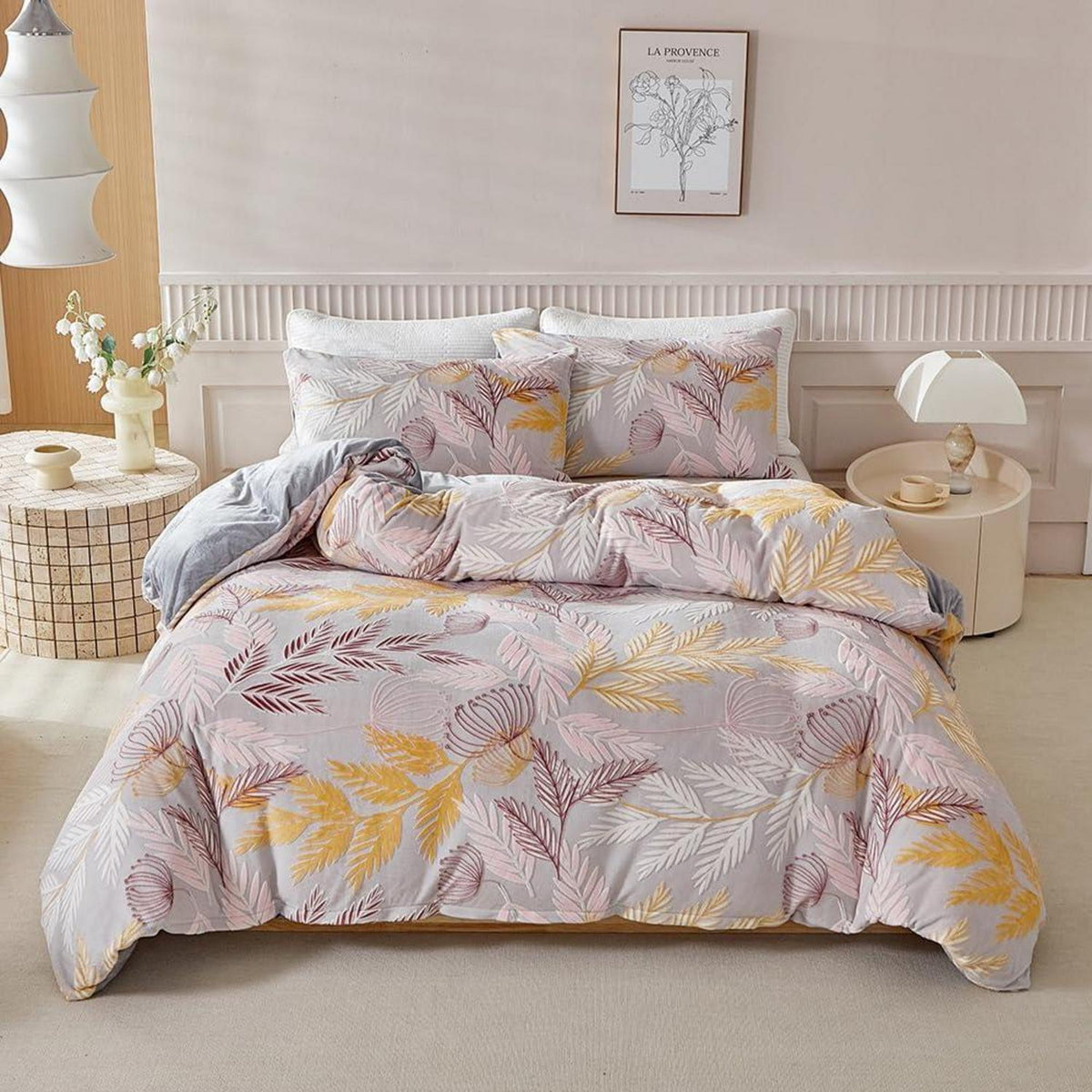 Plüsch Bettwäsche Set 220x240 Winterwarm Rosa Grau Gelb
