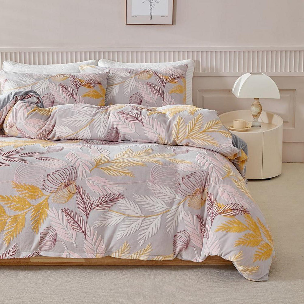 Plüsch Bettwäsche Set 220x240 Winterwarm Rosa Grau Gelb
