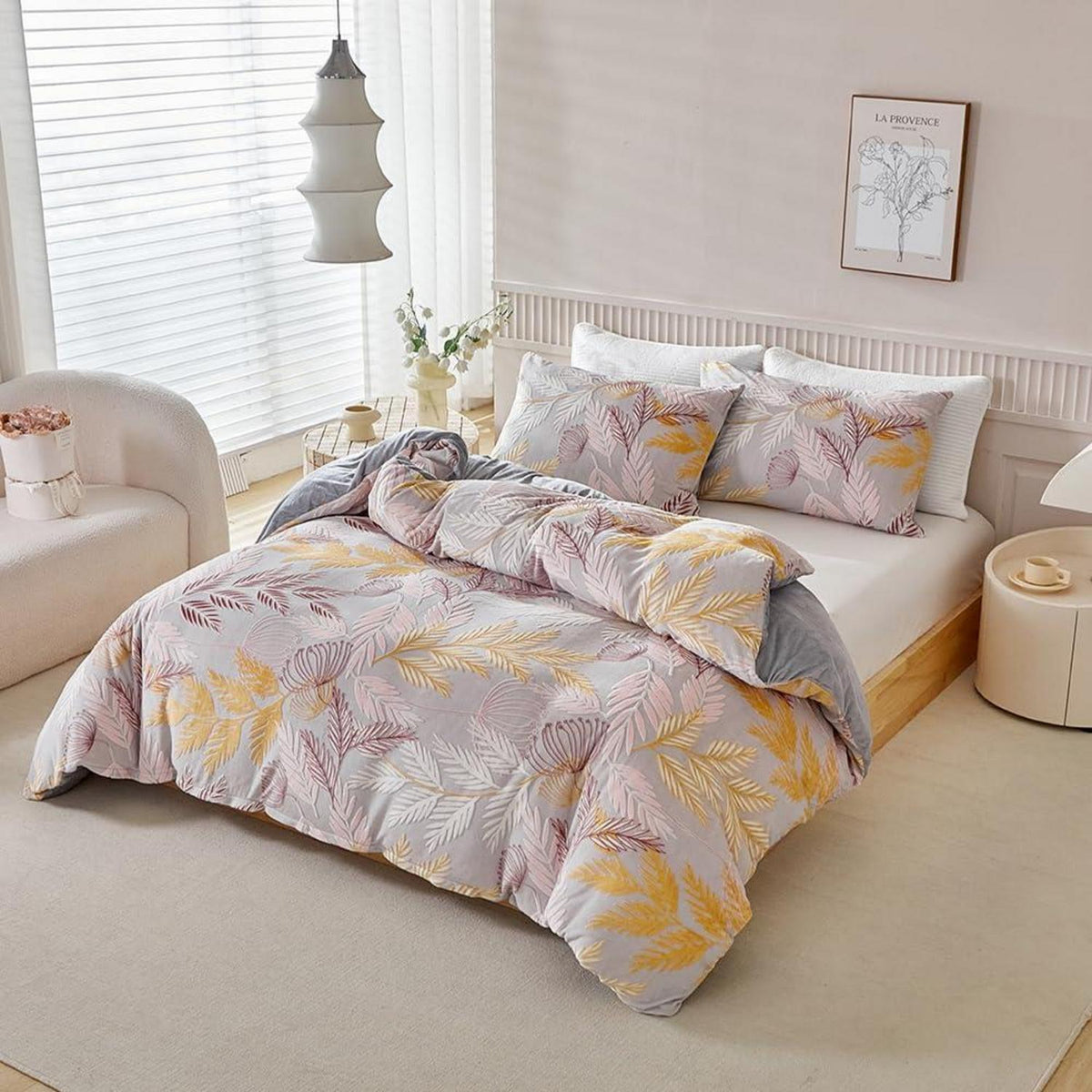 Plüsch Bettwäsche Set 220x240 Winterwarm Rosa Grau Gelb