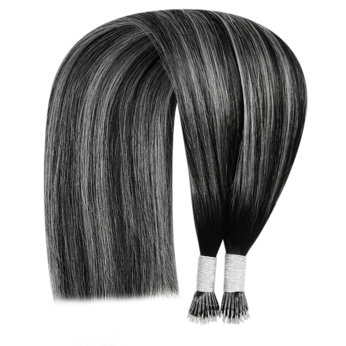 Echthaar Extensions Nanoring Ombre Schwarz Silber 50cm