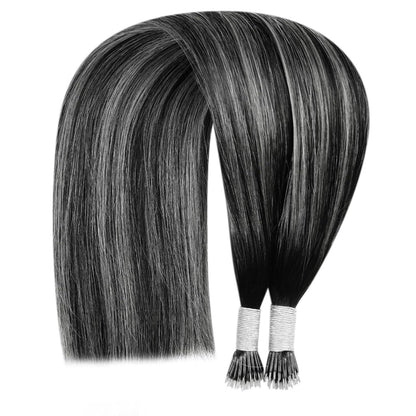 Echthaar Extensions Nanoring Ombre Schwarz Silber 50cm