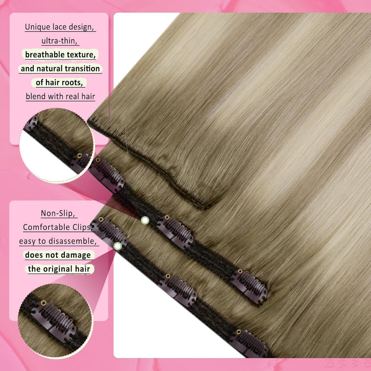 Clip-in Echthaar Extensions Ombre Aschblond Platinblond 55cm