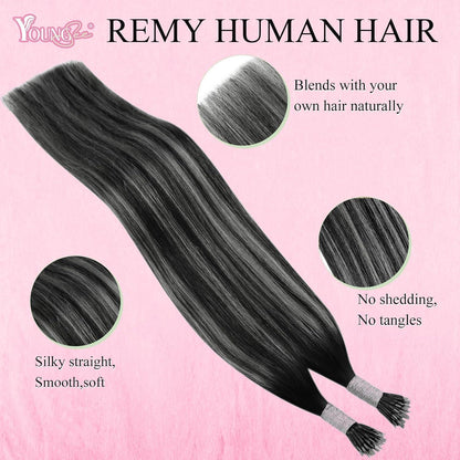 Nano Ring Haarverlängerung Ombre Schwarz Silber 35cm Echthaar